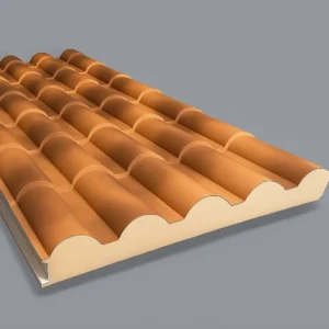 Panel sándwich imitación teja con acabado exterior decorativo en color teja, diseñado para cubiertas de viviendas, porches y edificaciones rurales con alto rendimiento térmico.