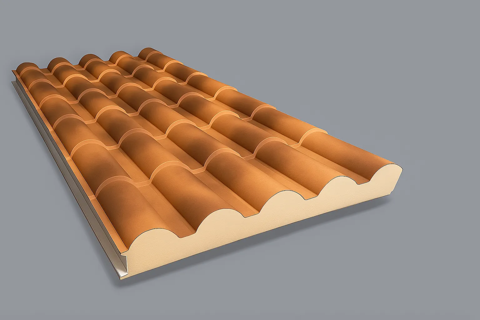 Panel sándwich imitación teja con acabado exterior decorativo en color teja, diseñado para cubiertas de viviendas, porches y edificaciones rurales con alto rendimiento térmico.